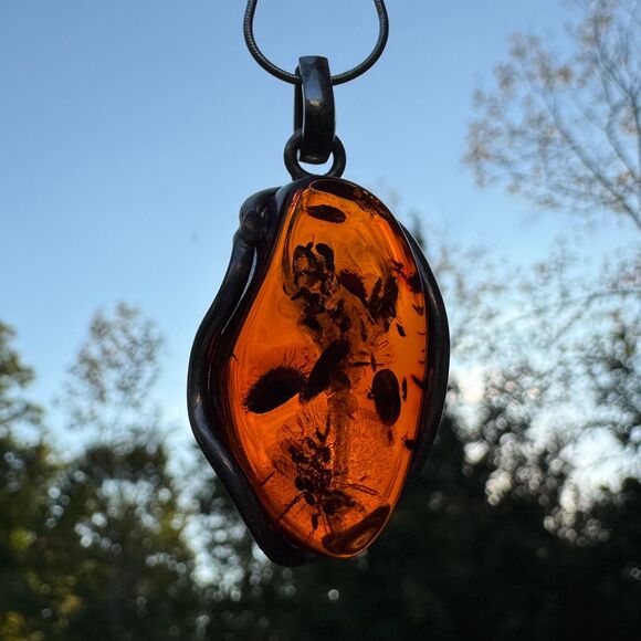 Vintage Genuine Cognac Baltic Amber Pendant, Sterling Silver Frame 18in Necklace - Picture 11 of 14